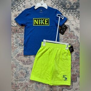Nike Boys size 7 Blue Logo Tee & Neon Green Athletic Shorts Set
